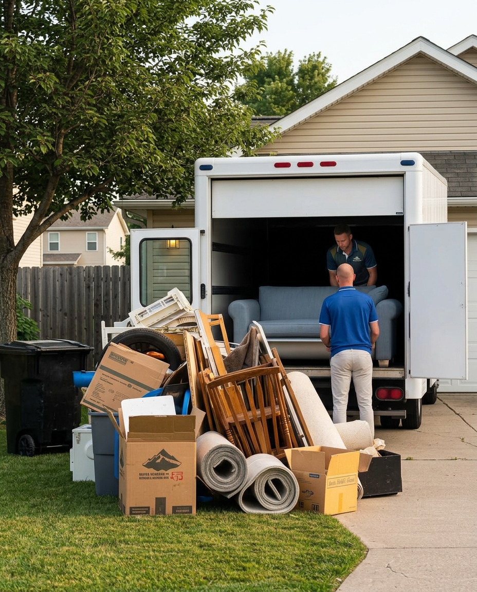 The Marina crew loading a sofa into their truck on a Seattle street